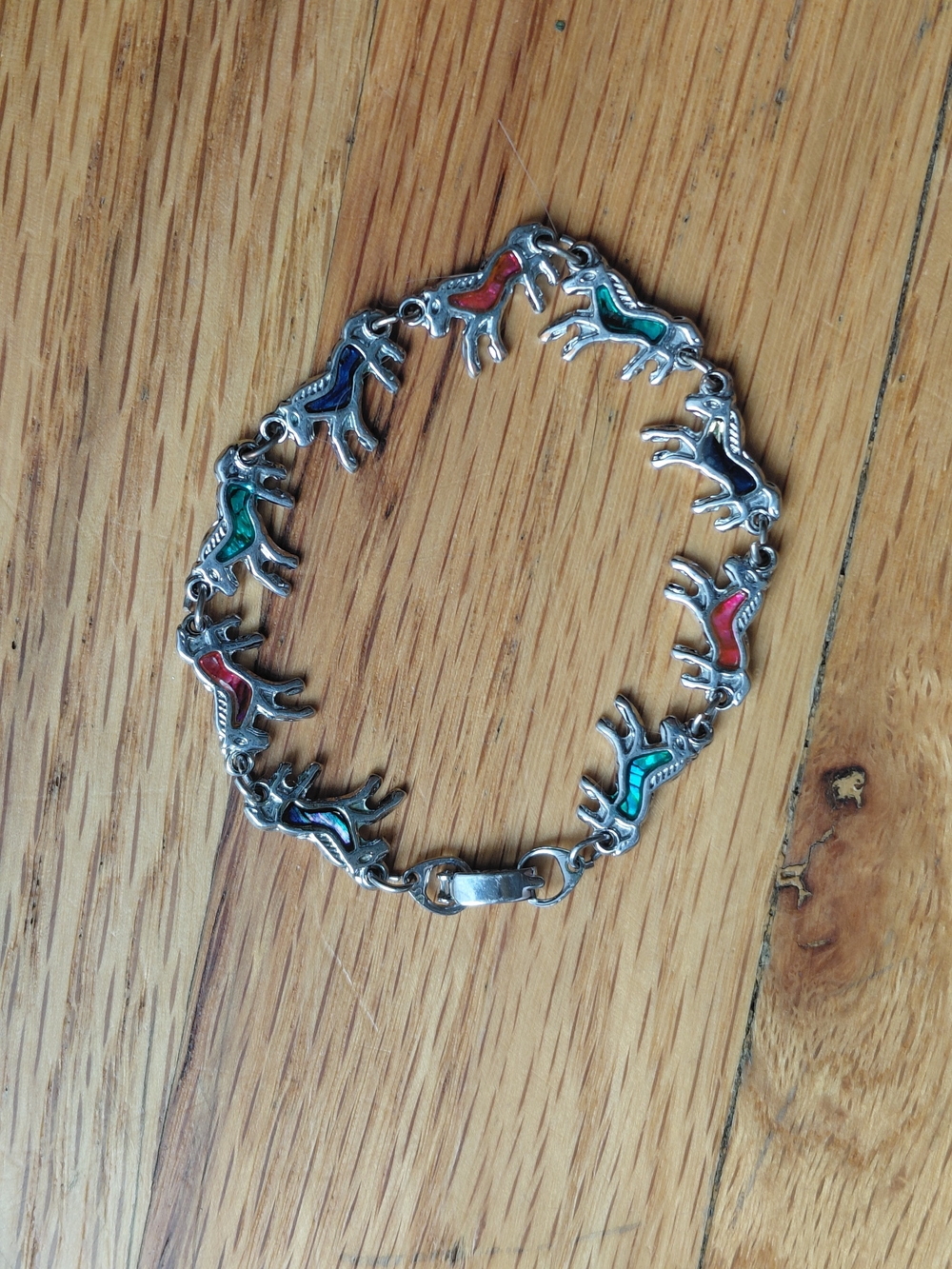 Running Horse Charms Colorful Abalone Shell Inlay Vintage Silver Tone Bracelet